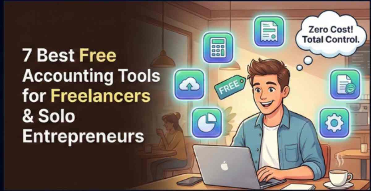 Illustration of a happy freelancer using free accounting tools like Zoho Books and Wave, surrounded by icons of savings and zero-cost invoices Illustration of a happy freelancer using free accounting tools like Zoho Books and Wave, surrounded by icons of savings and zero-cost invoices