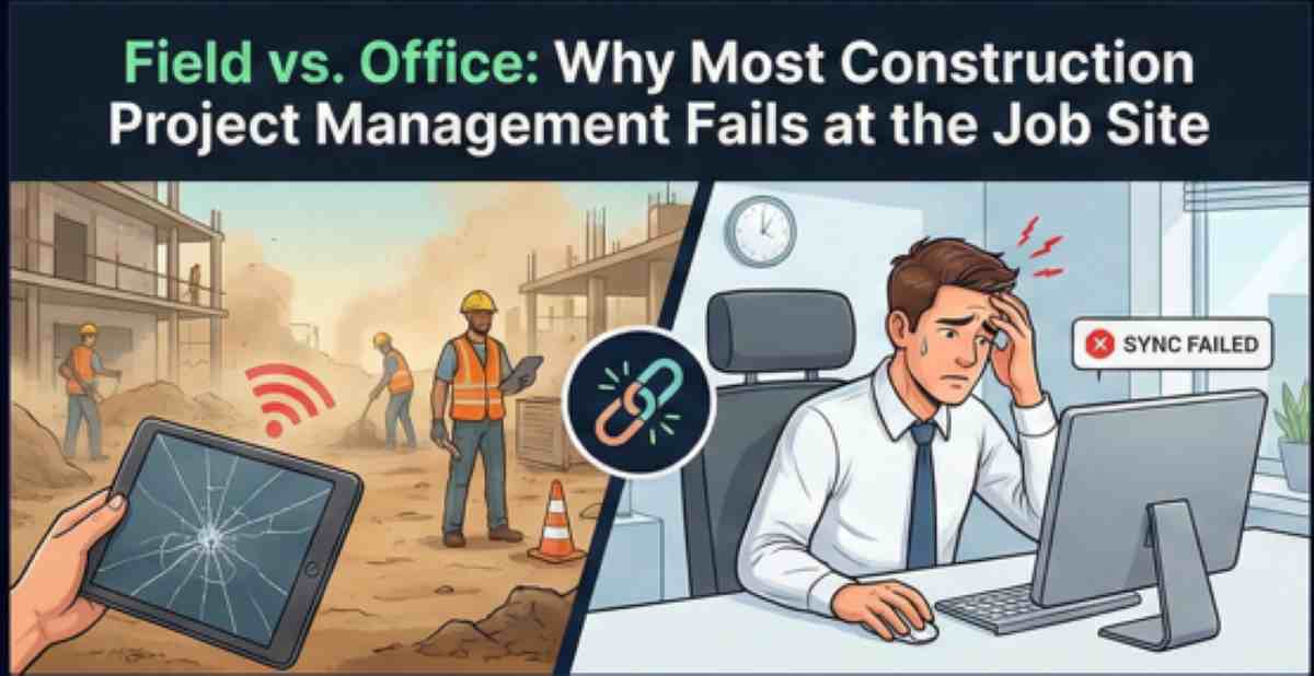Split screen illustration showing the communication failure between a chaotic construction job site with broken tech and a stressed office manager with sync errors Split screen illustration showing the communication failure between a chaotic construction job site with broken tech and a stressed office manager with sync errors