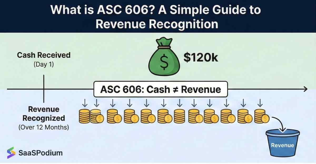 Diagram explaining ASC 606 revenue recognition showing a $120k upfront cash payment being recognized as revenue incrementally over 12 months Diagram explaining ASC 606 revenue recognition showing a $120k upfront cash payment being recognized as revenue incrementally over 12 months