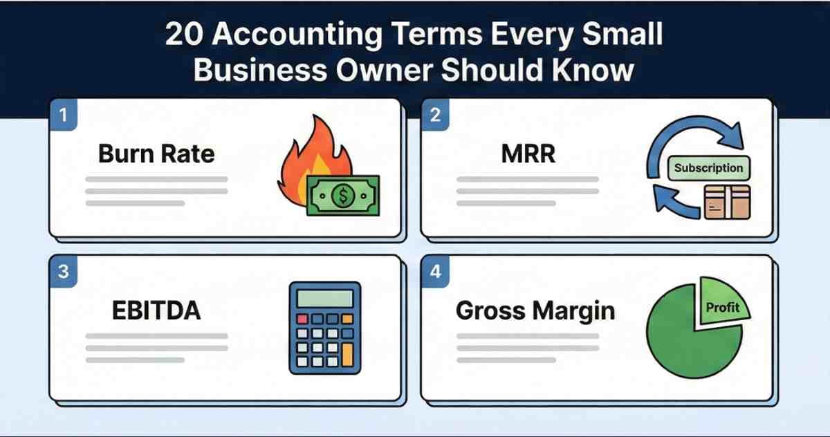 Infographic illustrating key accounting terms for small businesses including icons for Burn Rate, MRR, EBITDA, and Gross Margin Infographic illustrating key accounting terms for small businesses including icons for Burn Rate, MRR, EBITDA, and Gross Margin