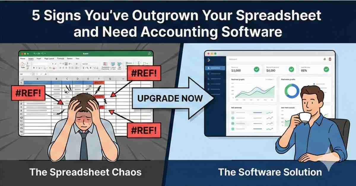 Split screen comparison showing a stressed user dealing with spreadsheet errors versus a relaxed user managing finances with automated accounting software Split screen comparison showing a stressed user dealing with spreadsheet errors versus a relaxed user managing finances with automated accounting software