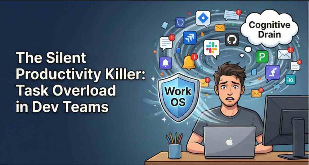 Illustration of an overwhelmed software developer facing a vortex of app notifications causing cognitive drain, with a Work OS shield protecting their productivity Illustration of an overwhelmed software developer facing a vortex of app notifications causing cognitive drain, with a Work OS shield protecting their productivity