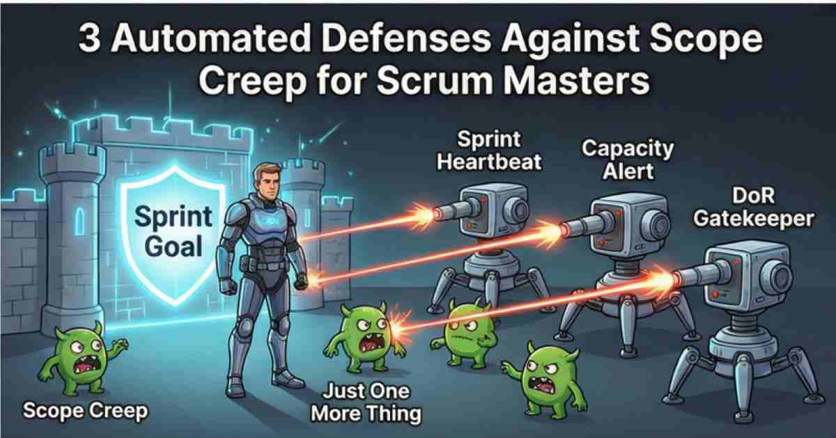 Graphic of a Scrum Master defending a sprint goal fortress using automated tool turrets like capacity alerts and DoR gatekeepers to destroy scope creep monsters Graphic of a Scrum Master defending a sprint goal fortress using automated tool turrets like capacity alerts and DoR gatekeepers to destroy scope creep monsters