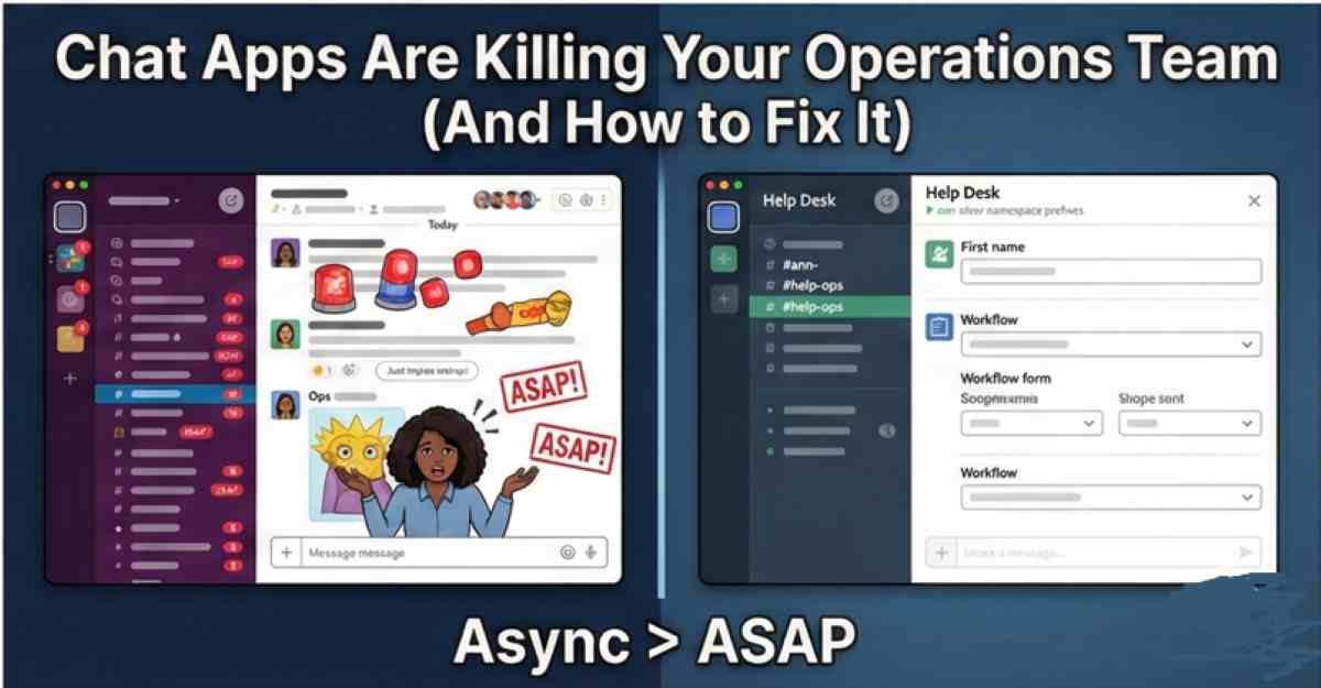 Comparison visual showing a chaotic chat app interface with urgent ASAP alerts next to a clean, organized asynchronous help desk workflow form for operations teams Comparison visual showing a chaotic chat app interface with urgent ASAP alerts next to a clean, organized asynchronous help desk workflow form for operations teams