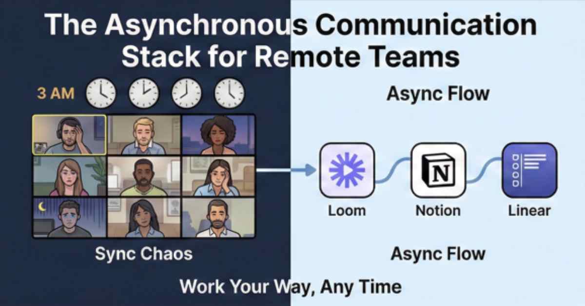 Split screen showing exhausted remote workers on a 3 AM video call grid labeled Sync Chaos versus a streamlined Async Flow using tools like Loom, Notion, and Linear Split screen showing exhausted remote workers on a 3 AM video call grid labeled Sync Chaos versus a streamlined Async Flow using tools like Loom, Notion, and Linear