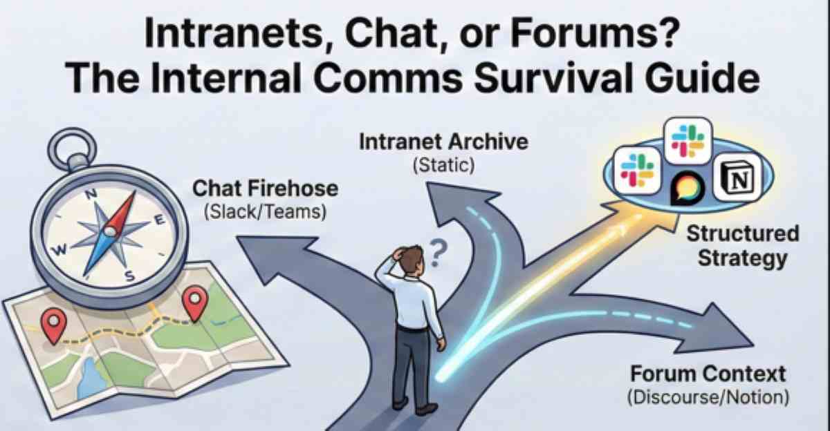 Illustration of an internal comms manager at a crossroads navigating between the fast-paced chat firehose, static intranet archives, and contextual forums to build a structured strategy Illustration of an internal comms manager at a crossroads navigating between the fast-paced chat firehose, static intranet archives, and contextual forums to build a structured strategy