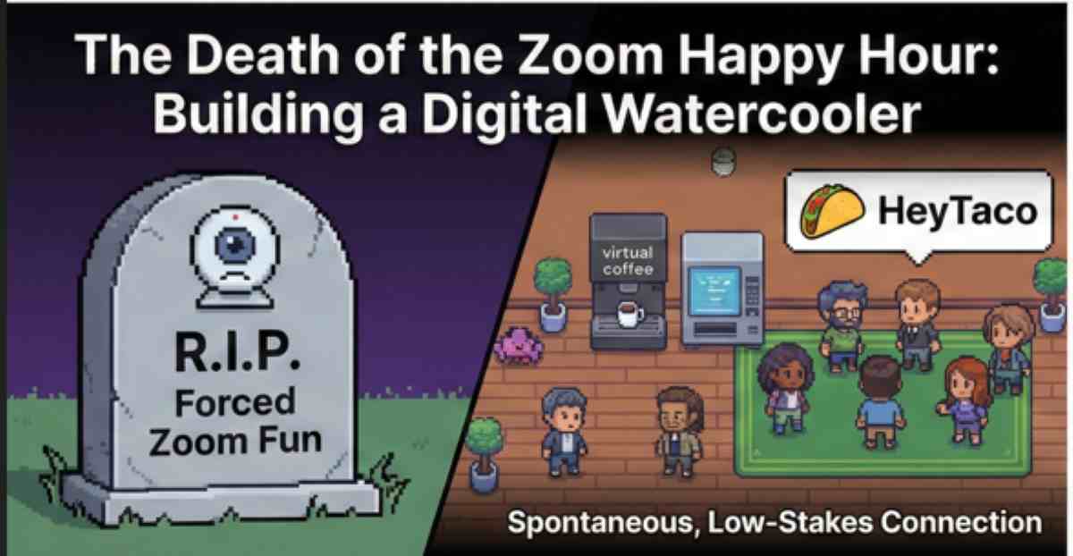 Graphic showing a tombstone for forced Zoom fun next to a vibrant 2D virtual office space illustrating a digital watercooler with spontaneous, low-stakes connection Graphic showing a tombstone for forced Zoom fun next to a vibrant 2D virtual office space illustrating a digital watercooler with spontaneous, low-stakes connection