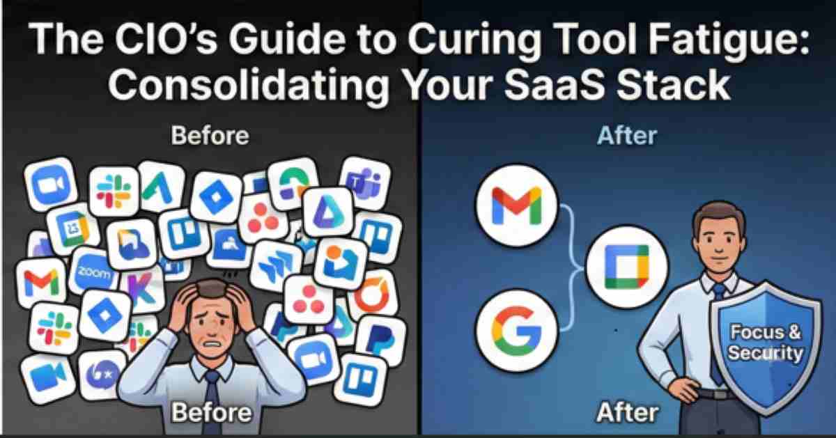 Before and after illustration of a CIO curing tool fatigue, transitioning from a stressed employee under a chaotic pile of SaaS apps to a calm professional with a consolidated, secure software stack Before and after illustration of a CIO curing tool fatigue, transitioning from a stressed employee under a chaotic pile of SaaS apps to a calm professional with a consolidated, secure software stack