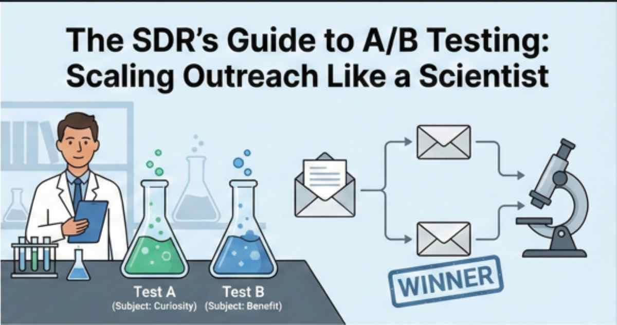 Graphic of a sales development representative dressed as a scientist using chemistry flasks and a microscope to A/B test cold email variations and find a winner Graphic of a sales development representative dressed as a scientist using chemistry flasks and a microscope to A/B test cold email variations and find a winner