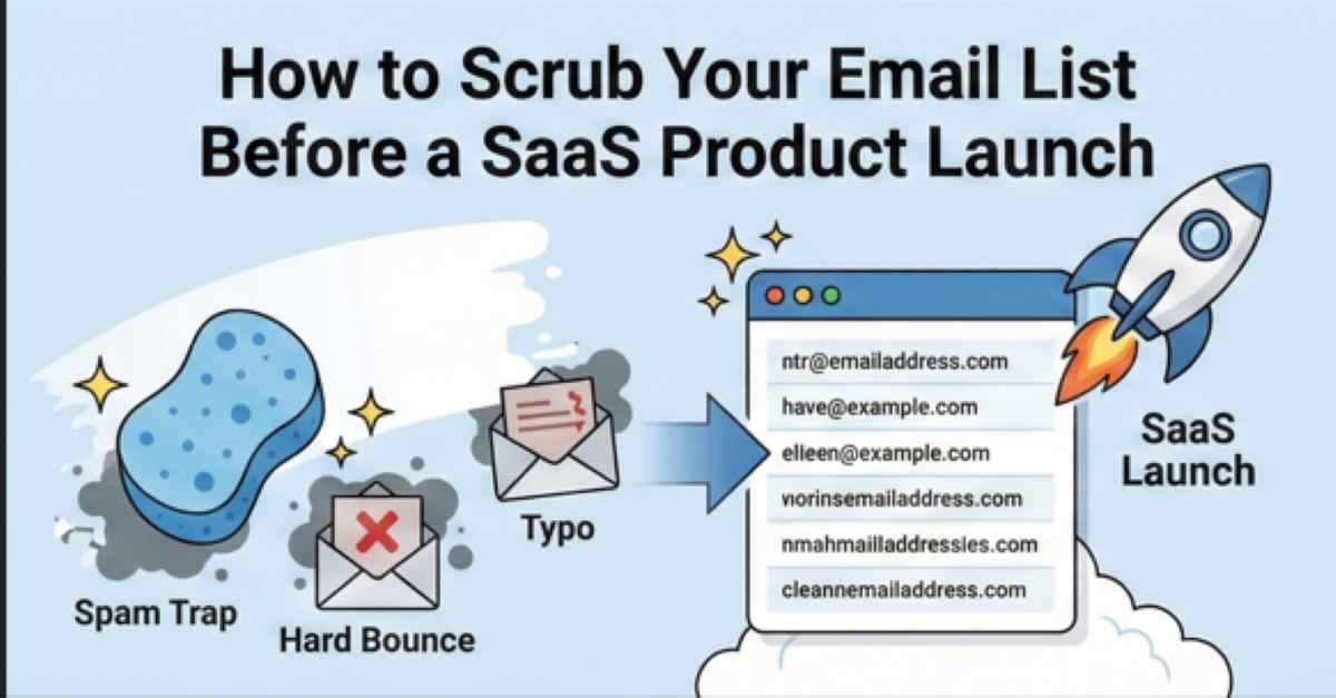 Illustration showing a sponge scrubbing away bad data like spam traps and hard bounces to create a clean email list for a SaaS rocket launch Illustration showing a sponge scrubbing away bad data like spam traps and hard bounces to create a clean email list for a SaaS rocket launch