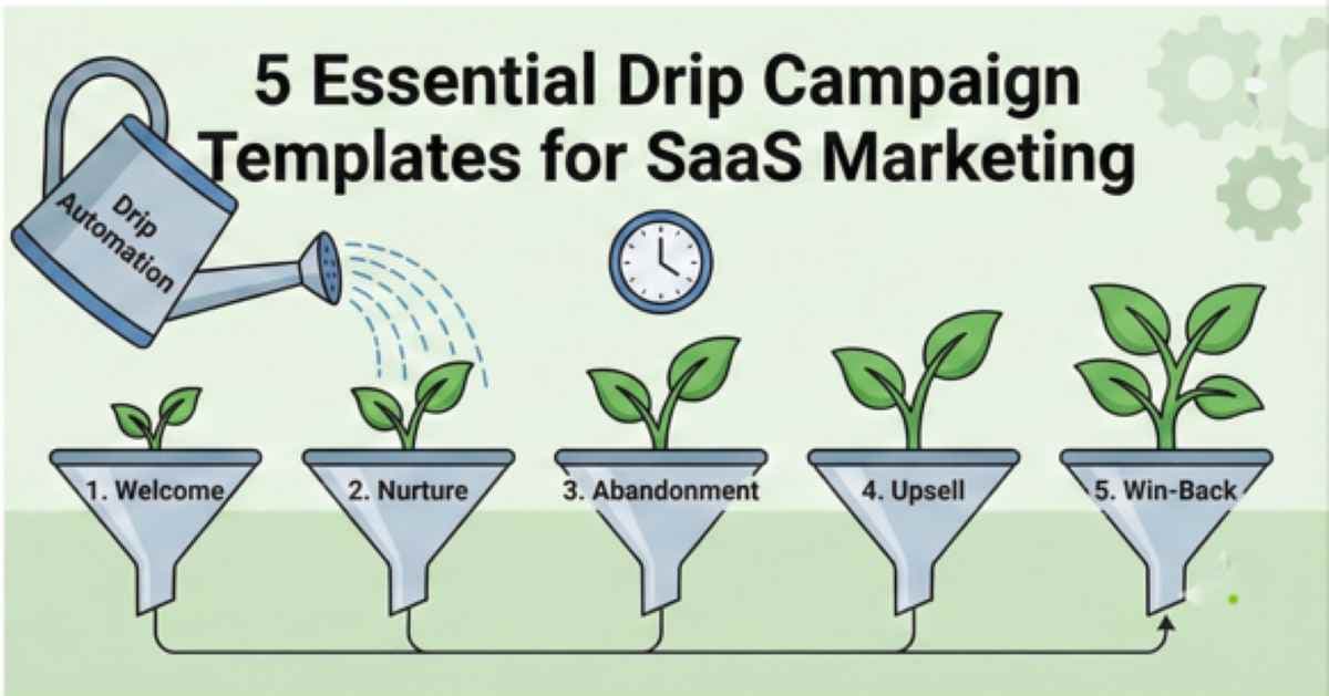 Diagram showing a drip marketing automation watering can nurturing five funnels with growing plants representing welcome, nurture, abandonment, upsell, and win-back campaigns Diagram showing a drip marketing automation watering can nurturing five funnels with growing plants representing welcome, nurture, abandonment, upsell, and win-back campaigns
