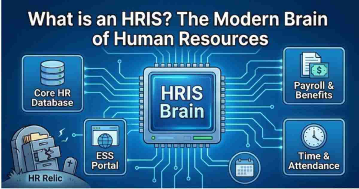A futuristic computer processor labeled 'HRIS Brain' connecting core HR databases, payroll, employee self-service, and time attendance. A futuristic computer processor labeled 'HRIS Brain' connecting core HR databases, payroll, employee self-service, and time attendance.