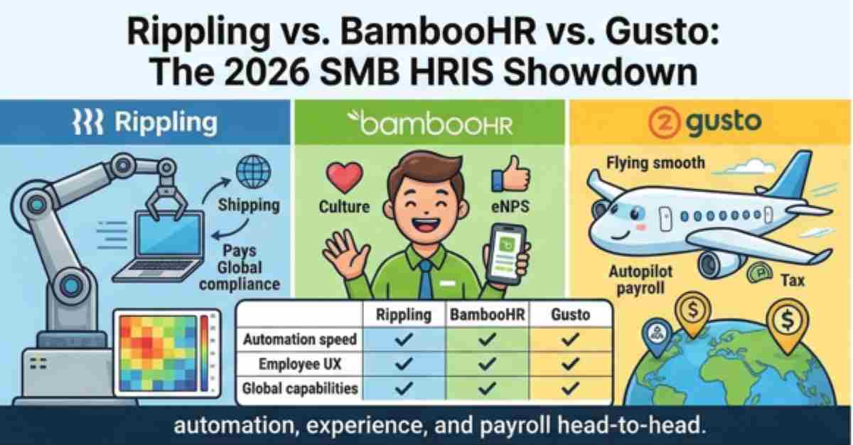 Comparison graphic of Rippling, BambooHR, and Gusto HRIS platforms, illustrating key features like automation, company culture, and autopilot payroll alongside a feature matrix Comparison graphic of Rippling, BambooHR, and Gusto HRIS platforms, illustrating key features like automation, company culture, and autopilot payroll alongside a feature matrix