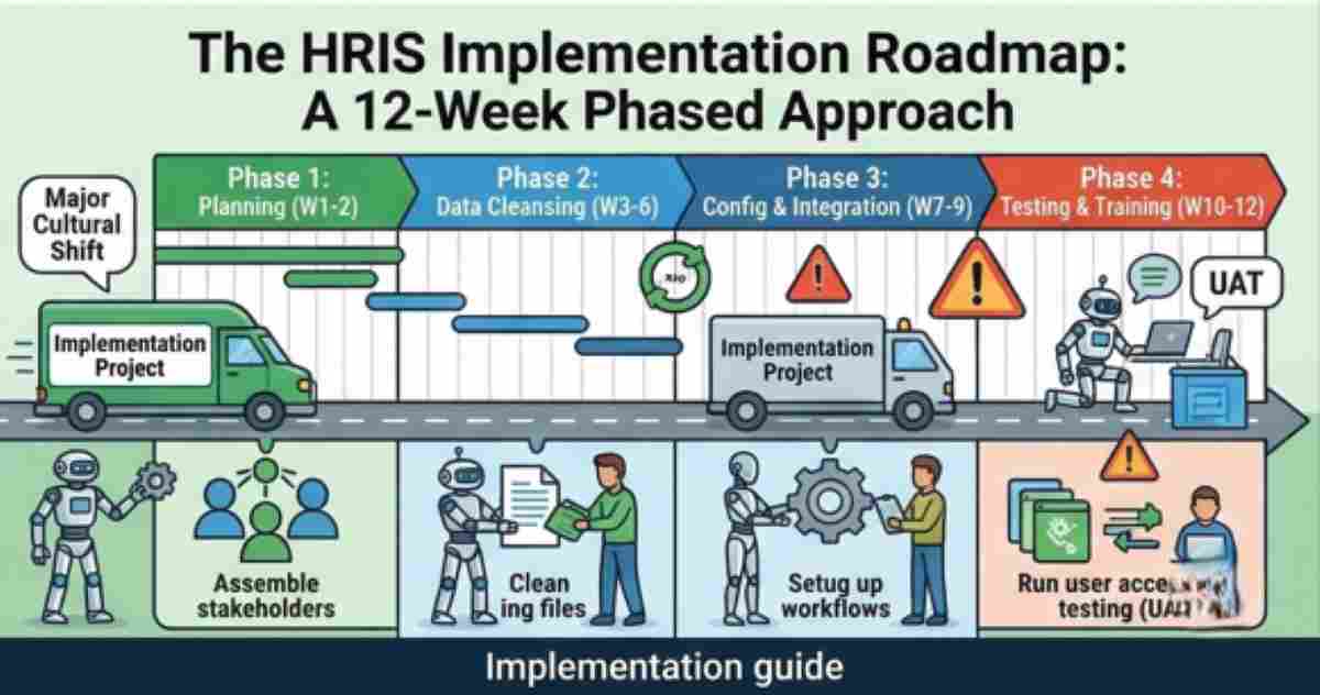 A 12-week phased roadmap diagram for HRIS implementation, showing workers and robots moving through planning, data cleansing, configuration, and user acceptance testing phases A 12-week phased roadmap diagram for HRIS implementation, showing workers and robots moving through planning, data cleansing, configuration, and user acceptance testing phases