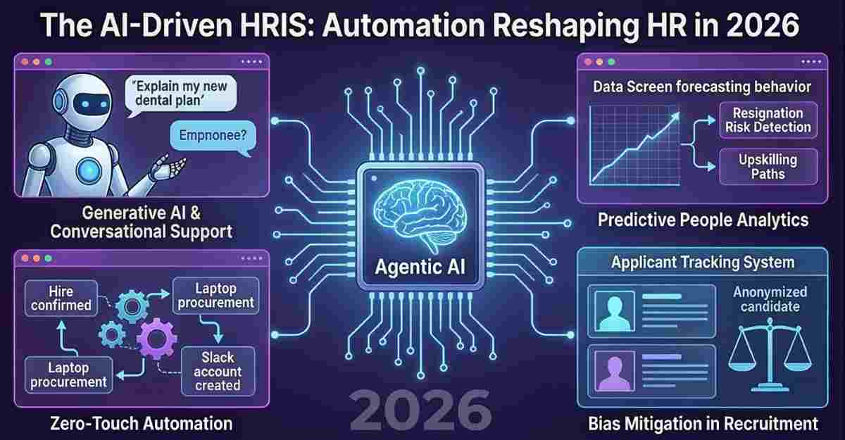 A glowing AI brain microchip connected to automated HR workflows including generative support, predictive people analytics, and zero-touch IT provisioning. A glowing AI brain microchip connected to automated HR workflows including generative support, predictive people analytics, and zero-touch IT provisioning.
