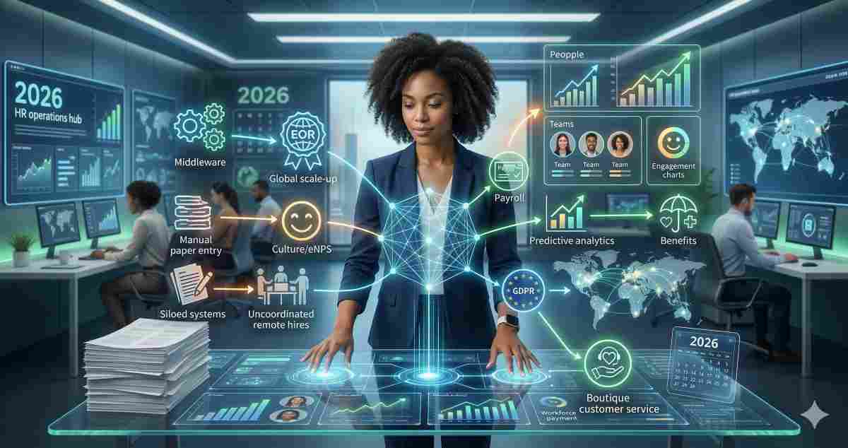 An HR professional in a modern 2026 operations hub interacting with a futuristic holographic HRIS control desk that transforms manual paper entry and siloed systems into automated payroll, predictive analytics, and global compliance An HR professional in a modern 2026 operations hub interacting with a futuristic holographic HRIS control desk that transforms manual paper entry and siloed systems into automated payroll, predictive analytics, and global compliance