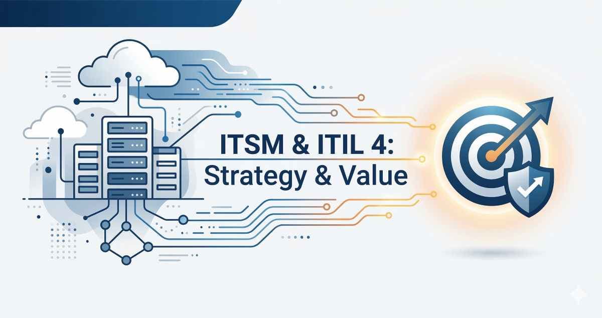 A modern digital illustration showing abstract IT server infrastructure on the left connecting via circuit lines to a glowing business target on the right, with central text reading 'ITSM & ITIL 4: Strategy & Value'. A modern digital illustration showing abstract IT server infrastructure on the left connecting via circuit lines to a glowing business target on the right, with central text reading 'ITSM & ITIL 4: Strategy & Value'.
