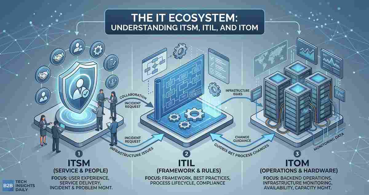 An isometric infographic titled 'THE IT ECOSYSTEM: UNDERSTANDING ITSM, ITIL, AND ITOM', divided into three interconnected numbered sections against a background of data streams, circuits, and gears. An isometric infographic titled 'THE IT ECOSYSTEM: UNDERSTANDING ITSM, ITIL, AND ITOM', divided into three interconnected numbered sections against a background of data streams, circuits, and gears.