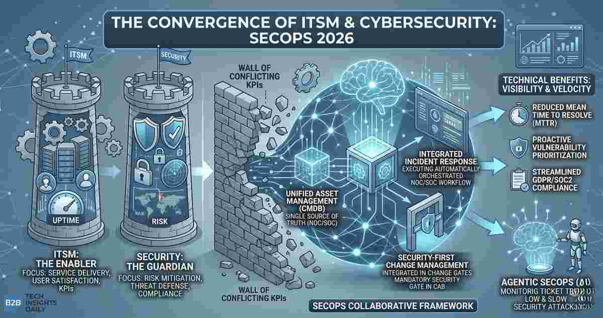 An infographic titled 'THE CONVERGENCE OF ITSM & CYBERSECURITY: SECOPS 2026'. On the left, two isolated towers represent ITSM ('The Enabler') and Security ('The Guardian'). A 'Wall of Conflicting KPIs' between them is breaking down into a glowing digital network representing the 'SecOps Collaborative Framework'. The central network connects three core pillars: Unified Asset Management, Integrated Incident Response, and Security-First Change Management. The right side highlights technical benefits like reduced MTTR and streamlined compliance, alongside an AI robot illustrating 'Agentic SecOps' monitoring ticket trends. An infographic titled 'THE CONVERGENCE OF ITSM & CYBERSECURITY: SECOPS 2026'. On the left, two isolated towers represent ITSM ('The Enabler') and Security ('The Guardian'). A 'Wall of Conflicting KPIs' between them is breaking down into a glowing digital network representing the 'SecOps Collaborative Framework'. The central network connects three core pillars: Unified Asset Management, Integrated Incident Response, and Security-First Change Management. The right side highlights technical benefits like reduced MTTR and streamlined compliance, alongside an AI robot illustrating 'Agentic SecOps' monitoring ticket trends.
