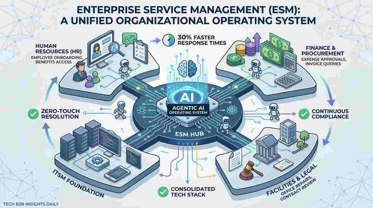 An infographic titled 'ENTERPRISE SERVICE MANAGEMENT (ESM): A UNIFIED ORGANIZATIONAL OPERATING SYSTEM'. A central 'Agentic AI Operating System' hub connects to four department nodes: Human Resources, Finance & Procurement, Facilities & Legal, and the ITSM Foundation. Small AI robot figures travel along digital pathways connecting the hub to each department. Four key benefits are highlighted around the perimeter: 30% faster response times, continuous compliance, consolidated tech stack, and zero-touch resolution. An infographic titled 'ENTERPRISE SERVICE MANAGEMENT (ESM): A UNIFIED ORGANIZATIONAL OPERATING SYSTEM'. A central 'Agentic AI Operating System' hub connects to four department nodes: Human Resources, Finance & Procurement, Facilities & Legal, and the ITSM Foundation. Small AI robot figures travel along digital pathways connecting the hub to each department. Four key benefits are highlighted around the perimeter: 30% faster response times, continuous compliance, consolidated tech stack, and zero-touch resolution.