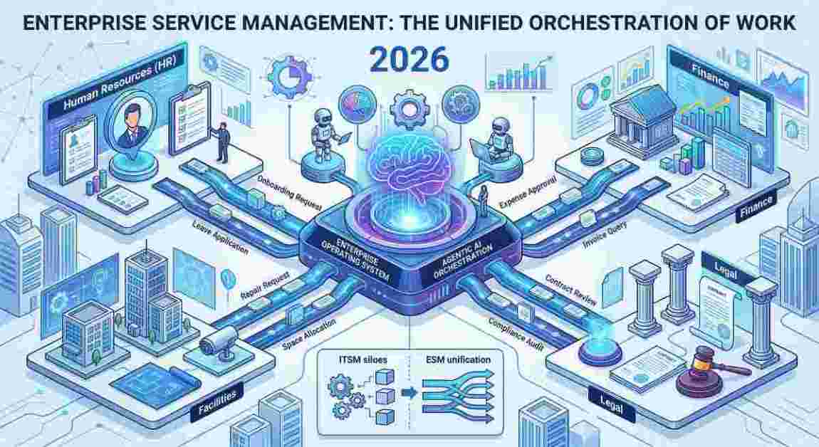 A futuristic infographic illustration visualizing the convergence of ITSM and ESM in 2026, where a central Agentic AI operating system orchestrates automated service management workflows. Glowing pipelines carry requests to distinct non-IT departments including Human Resources (HR), Finance, Facilities, and Legal, extending service desk principles across the enterprise for efficient work orchestration. A futuristic infographic illustration visualizing the convergence of ITSM and ESM in 2026, where a central Agentic AI operating system orchestrates automated service management workflows. Glowing pipelines carry requests to distinct non-IT departments including Human Resources (HR), Finance, Facilities, and Legal, extending service desk principles across the enterprise for efficient work orchestration.