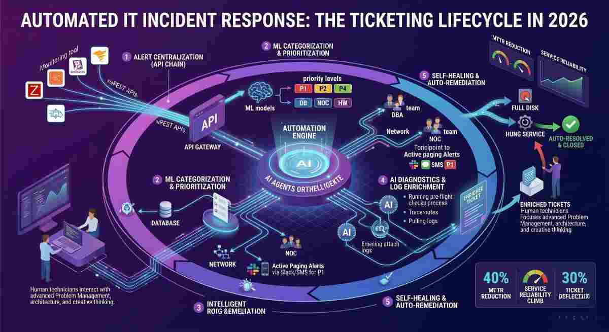 A detailed infographic flow visualizing the automated IT incident response ticketing lifecycle in 2026. This professional vector illustration shows continuous data movement through the five content steps: API centralization, ML categorization, intelligent routing, AI diagnostics with log enrichment, and culminating in self-healing auto-remediation. Icons depict tasks like fixing common issues, such as full disks or hung services, autonomously to reduce MTTR and improve service reliability. The central 'AUTOMATION ENGINE' glows with purple light as AI agents orchestrate high-priority issue routing and zero-touch resolutions, including escalation paths for failed remediation scripts. Small charts display rising 'AUTOMATION RATE' and declining 'MTTR' benchmarks. A detailed infographic flow visualizing the automated IT incident response ticketing lifecycle in 2026. This professional vector illustration shows continuous data movement through the five content steps: API centralization, ML categorization, intelligent routing, AI diagnostics with log enrichment, and culminating in self-healing auto-remediation. Icons depict tasks like fixing common issues, such as full disks or hung services, autonomously to reduce MTTR and improve service reliability. The central 'AUTOMATION ENGINE' glows with purple light as AI agents orchestrate high-priority issue routing and zero-touch resolutions, including escalation paths for failed remediation scripts. Small charts display rising 'AUTOMATION RATE' and declining 'MTTR' benchmarks.