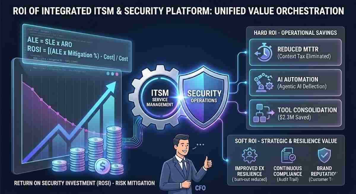 An infographic illustrating the high financial Return on Investment (ROI) and risk mitigation achieved by integrating ITSM and Security operations into a unified platform. It details hard savings through reduced MTTR and AI automation, soft benefits like strategic resilience, and provides the actual ROSI formula for enterprises. An infographic illustrating the high financial Return on Investment (ROI) and risk mitigation achieved by integrating ITSM and Security operations into a unified platform. It details hard savings through reduced MTTR and AI automation, soft benefits like strategic resilience, and provides the actual ROSI formula for enterprises.