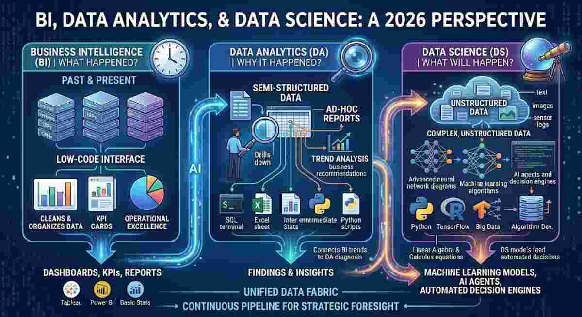 An infographic illustrating the difference between BI, Data Analytics, and Data Science in a continuous data pipeline for 2026. A unified, dynamic pipeline shows three distinct vertical sections: Business Intelligence (BI) with dashboards, KPIs, and past/present clock for reporting 'What Happened?'; Data Analytics (DA) with diagnostic tools and trend analysis for discovering 'Why It Happened?'; and Data Science (DS) with machine learning models, AI agents, and a crystal ball with telescope for predictive foresight. Icons representing technical stacks like Python, SQL, Tableau, TensorFlow, and specific mathematics appear in their relevant sections, all unified by glowing digital streams and a subtle AI presence, with minimal descriptive text labels. An infographic illustrating the difference between BI, Data Analytics, and Data Science in a continuous data pipeline for 2026. A unified, dynamic pipeline shows three distinct vertical sections: Business Intelligence (BI) with dashboards, KPIs, and past/present clock for reporting 'What Happened?'; Data Analytics (DA) with diagnostic tools and trend analysis for discovering 'Why It Happened?'; and Data Science (DS) with machine learning models, AI agents, and a crystal ball with telescope for predictive foresight. Icons representing technical stacks like Python, SQL, Tableau, TensorFlow, and specific mathematics appear in their relevant sections, all unified by glowing digital streams and a subtle AI presence, with minimal descriptive text labels.
