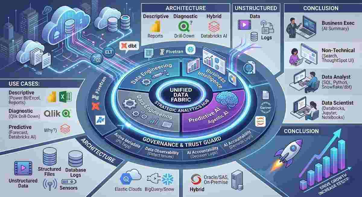 A professional isometric vector infographic illustrating a strategic data analytics platform selection roadmap for 2026, visualizing a centralized glowing Unified Data Fabric that integrates data engineering, BI, and predictive AI, branching out to detail descriptive, diagnostic, and predictive use cases, cloud-native vs. hybrid architecture, robust data governance features like active metadata, data observability, and AI accountability, with tailored user personas like data exec, non-technical, data analyst, data scientist using tailored screens and diverse tools. Charts and a rocket indicate growth and efficiency. A professional isometric vector infographic illustrating a strategic data analytics platform selection roadmap for 2026, visualizing a centralized glowing Unified Data Fabric that integrates data engineering, BI, and predictive AI, branching out to detail descriptive, diagnostic, and predictive use cases, cloud-native vs. hybrid architecture, robust data governance features like active metadata, data observability, and AI accountability, with tailored user personas like data exec, non-technical, data analyst, data scientist using tailored screens and diverse tools. Charts and a rocket indicate growth and efficiency.