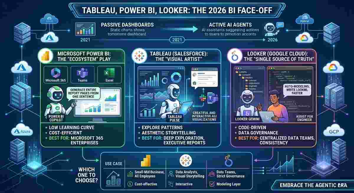 An infographic comparing Tableau, Power BI, and Looker in 2026, showing the shift from dashboards to AI-driven Agentic Analytics. It visualizes the key features, ecosystem plays, learning curves, and AI capabilities like Power BI Copilot, Tableau Pulse, and Looker Gemini auto-modeling, with a summary guiding tool selection. An infographic comparing Tableau, Power BI, and Looker in 2026, showing the shift from dashboards to AI-driven Agentic Analytics. It visualizes the key features, ecosystem plays, learning curves, and AI capabilities like Power BI Copilot, Tableau Pulse, and Looker Gemini auto-modeling, with a summary guiding tool selection.