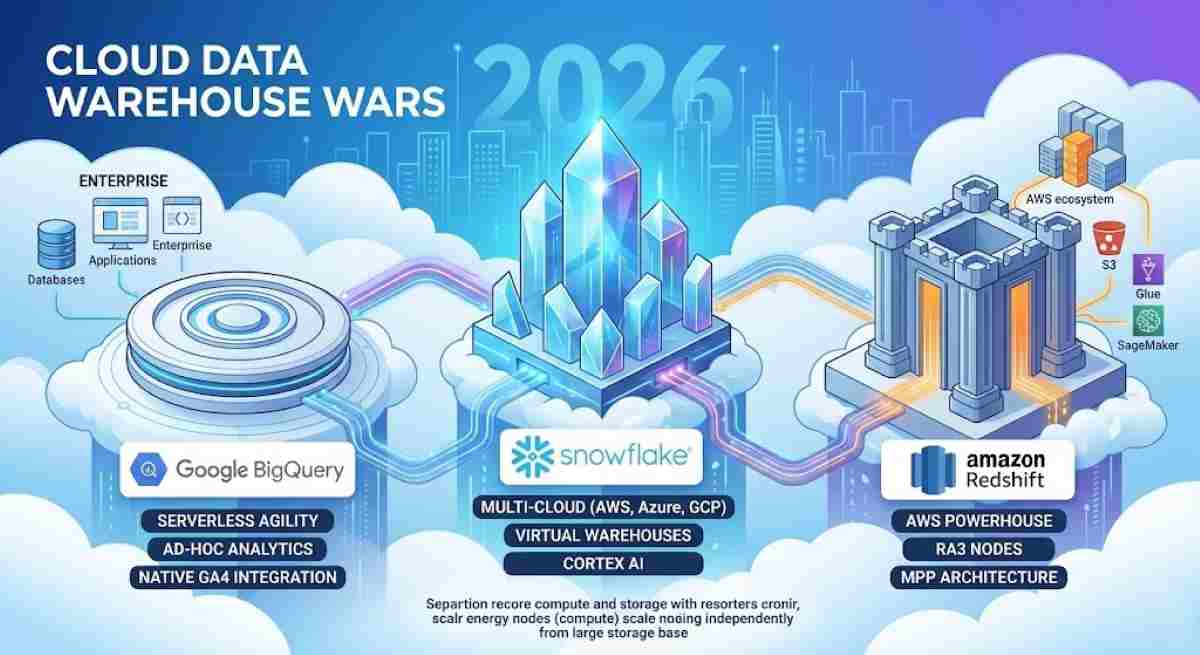 An infographic illustrating a comparison of cloud data warehouses: Snowflake, Google BigQuery, and Amazon Redshift, highlighting key features like virtual warehouses, serverless agility, and MPP architecture, set in a futuristic 2026 data landscape with AI integration. An infographic illustrating a comparison of cloud data warehouses: Snowflake, Google BigQuery, and Amazon Redshift, highlighting key features like virtual warehouses, serverless agility, and MPP architecture, set in a futuristic 2026 data landscape with AI integration.