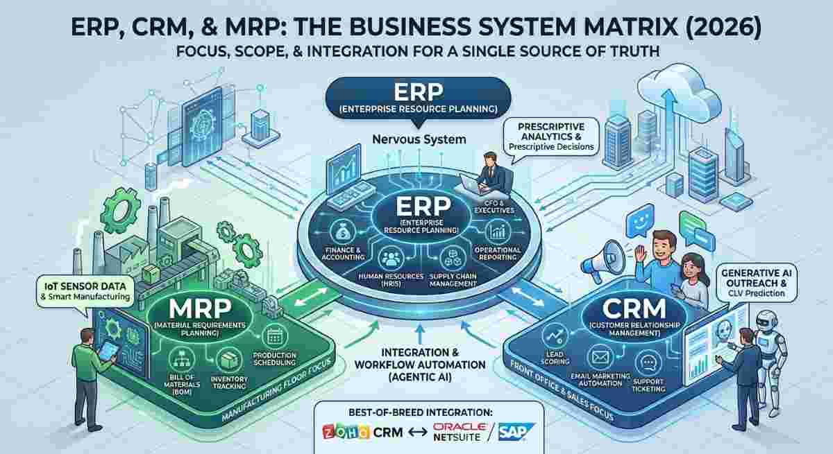 Infographic comparing ERP, CRM, and MRP systems in 2026, illustrating their integration for AI-driven manufacturing, sales, and enterprise resource planning. Infographic comparing ERP, CRM, and MRP systems in 2026, illustrating their integration for AI-driven manufacturing, sales, and enterprise resource planning.