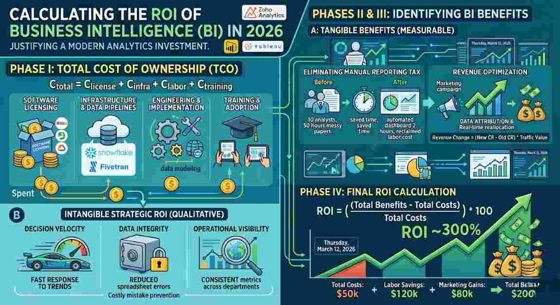 An infographic illustrating the four phases of calculating ROI for Business Intelligence (BI) software in 2026, breaking down costs versus benefits for modern analytics investments. An infographic illustrating the four phases of calculating ROI for Business Intelligence (BI) software in 2026, breaking down costs versus benefits for modern analytics investments.