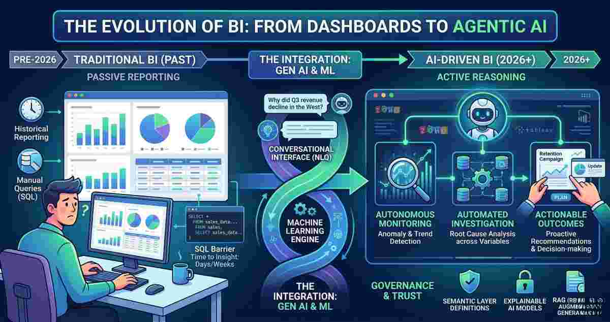 Infographic illustrating the evolution of business intelligence from traditional passive reporting dashboards to modern AI-driven agentic analytics and natural language querying. Infographic illustrating the evolution of business intelligence from traditional passive reporting dashboards to modern AI-driven agentic analytics and natural language querying.