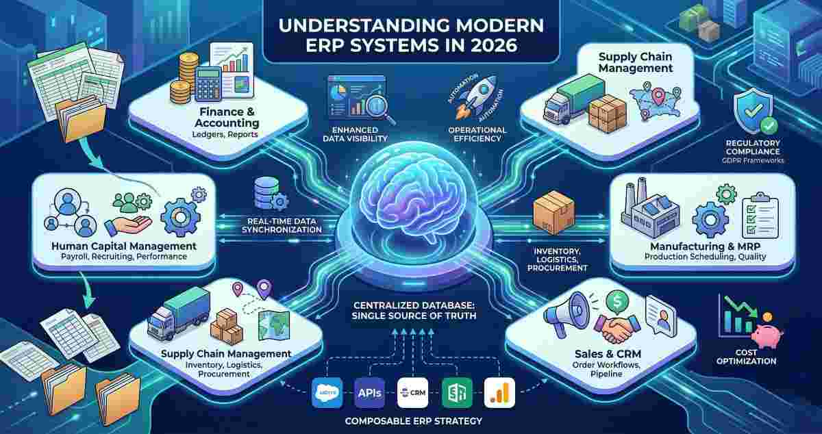An infographic illustrating the core functions and benefits of a modern Enterprise Resource Planning (ERP) system, showing how a centralized database integrates business processes like finance, HR, manufacturing, and supply chain for operational intelligence in 2026. An infographic illustrating the core functions and benefits of a modern Enterprise Resource Planning (ERP) system, showing how a centralized database integrates business processes like finance, HR, manufacturing, and supply chain for operational intelligence in 2026.
