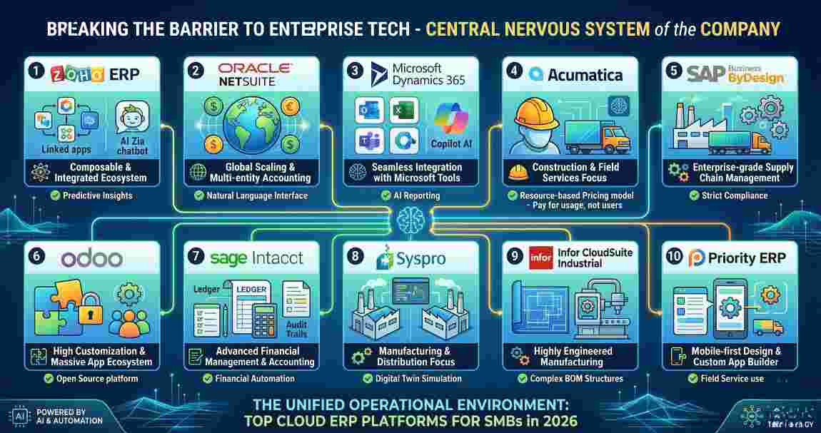 An infographic ranking top cloud ERP platforms for small and mid-sized businesses in 2026, highlighting their core strengths in AI, automation, and integrated operational environments. An infographic ranking top cloud ERP platforms for small and mid-sized businesses in 2026, highlighting their core strengths in AI, automation, and integrated operational environments.
