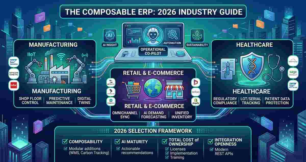 Infographic guide to Composable ERP in 2026, showing requirements for Manufacturing, Retail, and Healthcare industries, including Digital Twins, AI Demand Forecasting, and Regulatory Compliance, with a selection framework. Infographic guide to Composable ERP in 2026, showing requirements for Manufacturing, Retail, and Healthcare industries, including Digital Twins, AI Demand Forecasting, and Regulatory Compliance, with a selection framework.