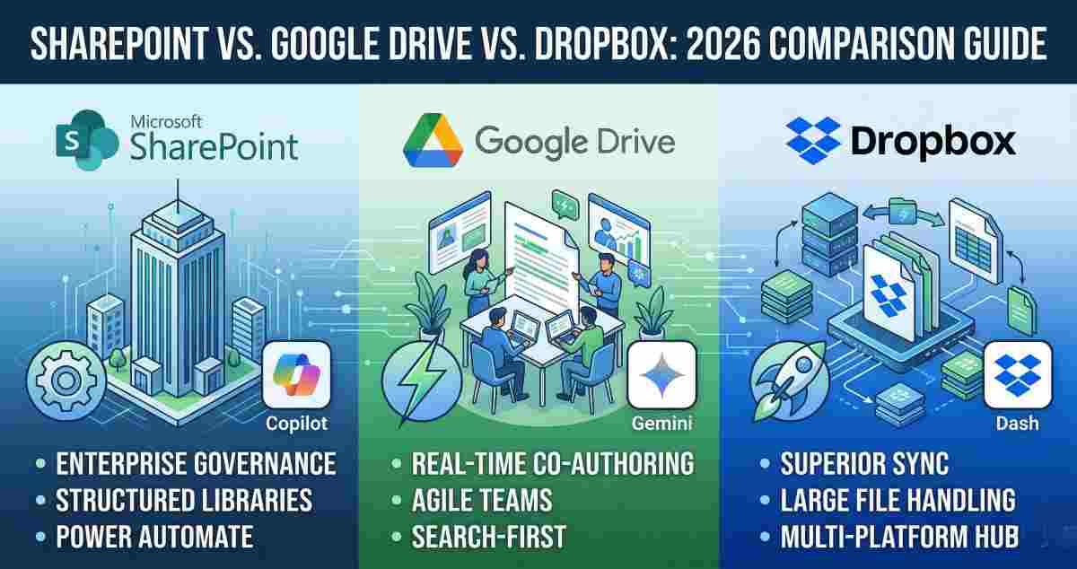An infographic comparing SharePoint, Google Drive, and Dropbox for enterprise document management in 2026. Includes logos and key feature highlights. An infographic comparing SharePoint, Google Drive, and Dropbox for enterprise document management in 2026. Includes logos and key feature highlights.
