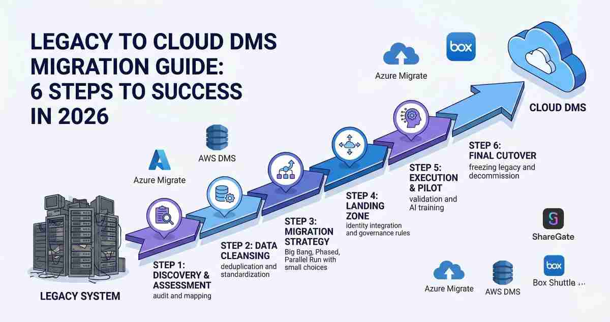 An infographic illustrating a 6-step guide to migrating from legacy systems to a cloud Document Management System in 2026. Shows stages from discovery to cutover with relevant icons. An infographic illustrating a 6-step guide to migrating from legacy systems to a cloud Document Management System in 2026. Shows stages from discovery to cutover with relevant icons.