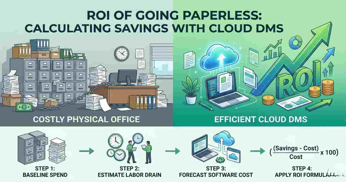 A comparison infographic calculating the ROI of going paperless with cloud document management software. Contrasts a cluttered physical office with a efficient digital workspace and growing profits. A comparison infographic calculating the ROI of going paperless with cloud document management software. Contrasts a cluttered physical office with a efficient digital workspace and growing profits.