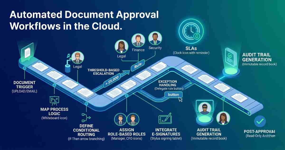 A professional digital flowchart illustrating a automated document approval workflow in the cloud, highlighting conditional logic routing, parallel approvals, integrated e-signatures, and notification loops. A professional digital flowchart illustrating a automated document approval workflow in the cloud, highlighting conditional logic routing, parallel approvals, integrated e-signatures, and notification loops.