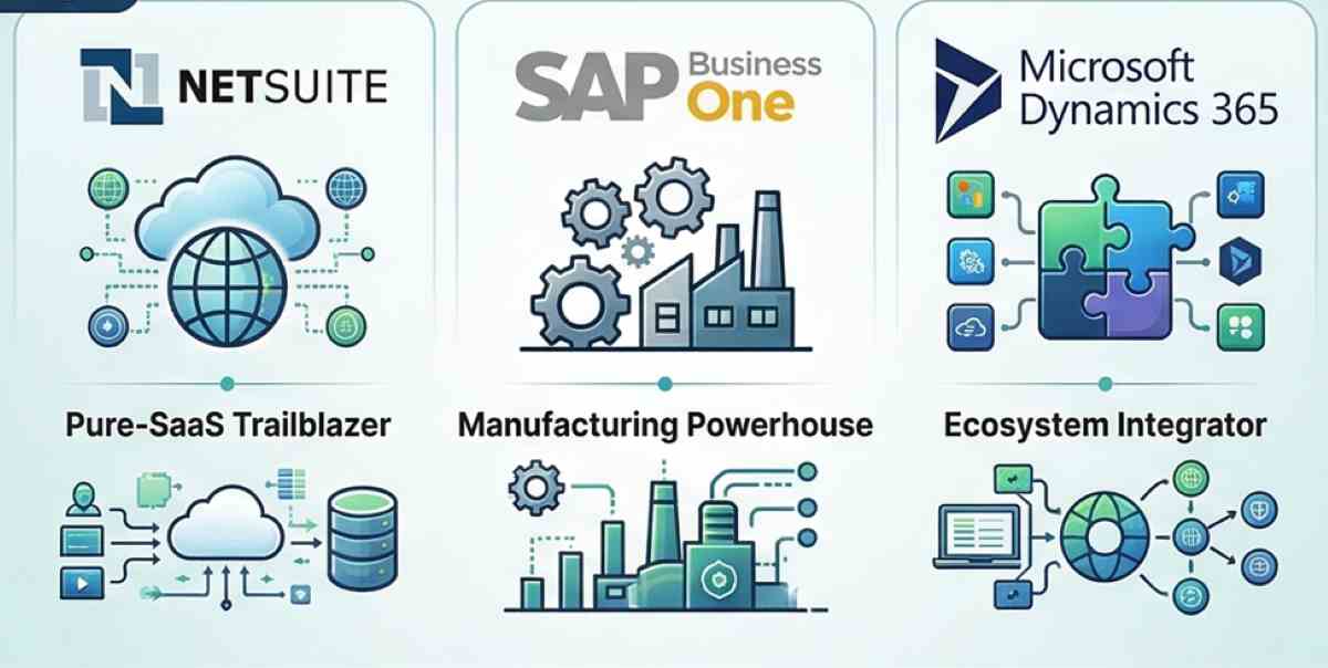 A comparative infographic for a blog post, displaying three professional columns labeled 'NetSuite: The Pure-SaaS Trailblazer', 'SAP Business One: The Industrial & Manufacturing Powerhouse', and 'Microsoft Dynamics 365: The Ecosystem Integrator', with stylized icons and key features below each, illustrating a head-to-head ERP software comparison. A comparative infographic for a blog post, displaying three professional columns labeled 'NetSuite: The Pure-SaaS Trailblazer', 'SAP Business One: The Industrial & Manufacturing Powerhouse', and 'Microsoft Dynamics 365: The Ecosystem Integrator', with stylized icons and key features below each, illustrating a head-to-head ERP software comparison.