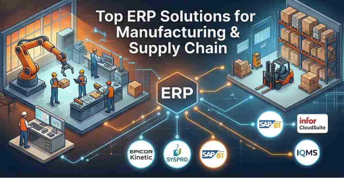 A professional blog banner image with a dynamic digital illustration style, showing interconnected scenes of a manufacturing factory floor, a warehouse with forklifts, and data flow lines, with prominent logos and names of top ERP systems: Epicor Kinetic, SYSPRO, SAP Business One, Infor CloudSuite, and IQMS, highlighting a guide to manufacturing and supply chain ERP solutions. A professional blog banner image with a dynamic digital illustration style, showing interconnected scenes of a manufacturing factory floor, a warehouse with forklifts, and data flow lines, with prominent logos and names of top ERP systems: Epicor Kinetic, SYSPRO, SAP Business One, Infor CloudSuite, and IQMS, highlighting a guide to manufacturing and supply chain ERP solutions.