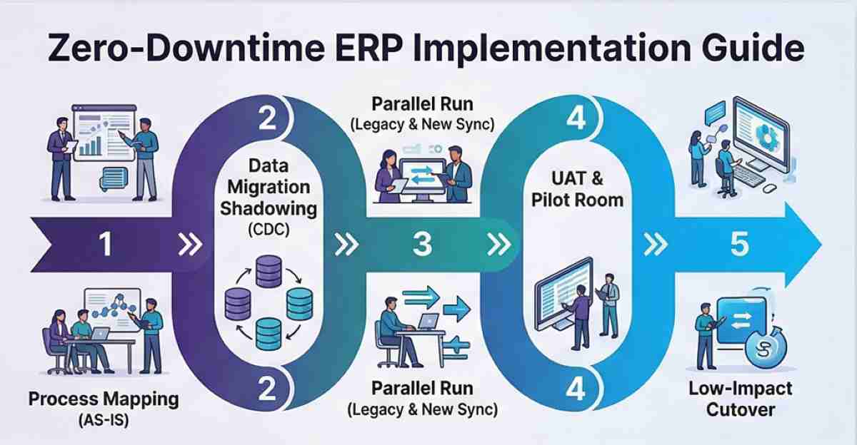 A professional, stylized infographic banner image visually breaking down a five-step zero-downtime ERP implementation guide: Step 1: AS-IS Process Mapping (interviews), Step 2: Data Migration Shadowing (CDC Sync), Step 3: Parallel Run (Legacy & New System Sync), Step 4: User Acceptance Testing (UAT & Pilot), and Step 5: Low-Impact Cutover and Post-Live Stabilization, depicting a seamless transition strategy. A professional, stylized infographic banner image visually breaking down a five-step zero-downtime ERP implementation guide: Step 1: AS-IS Process Mapping (interviews), Step 2: Data Migration Shadowing (CDC Sync), Step 3: Parallel Run (Legacy & New System Sync), Step 4: User Acceptance Testing (UAT & Pilot), and Step 5: Low-Impact Cutover and Post-Live Stabilization, depicting a seamless transition strategy.