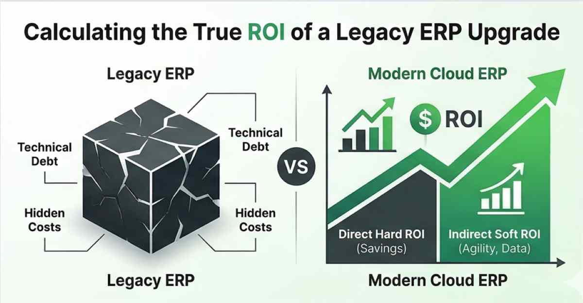 A professional infographic style blog banner image, visually comparing two distinct sides: a darker 'Legacy ERP' with a 'High Maintenance Tax' and 'Customization Fragility', versus a vibrant 'Modern Cloud ERP' showcasing 'True ROI' with pillars for 'Direct Hard ROI Savings' and 'Indirect Soft ROI Value' through increased agility and faster decision cycles, illustrating an ERP upgrade business case. A professional infographic style blog banner image, visually comparing two distinct sides: a darker 'Legacy ERP' with a 'High Maintenance Tax' and 'Customization Fragility', versus a vibrant 'Modern Cloud ERP' showcasing 'True ROI' with pillars for 'Direct Hard ROI Savings' and 'Indirect Soft ROI Value' through increased agility and faster decision cycles, illustrating an ERP upgrade business case.