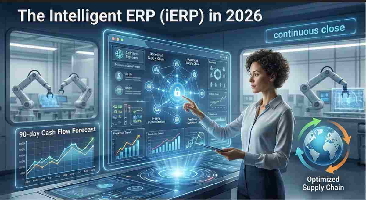 A futuristic command center with a professional woman interacting with glowing holographic data visualizations forecasting supply chain optimization and cash flow, representing an intelligent AI-powered ERP system. A futuristic command center with a professional woman interacting with glowing holographic data visualizations forecasting supply chain optimization and cash flow, representing an intelligent AI-powered ERP system.