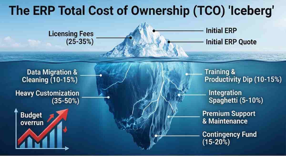 An infographic illustrating the hidden costs of ERP implementation as a large iceberg, with the small visible tip labeled "licensing" and the massive submerged part showing data migration, customization, training, and maintenance expenses. An infographic illustrating the hidden costs of ERP implementation as a large iceberg, with the small visible tip labeled "licensing" and the massive submerged part showing data migration, customization, training, and maintenance expenses.