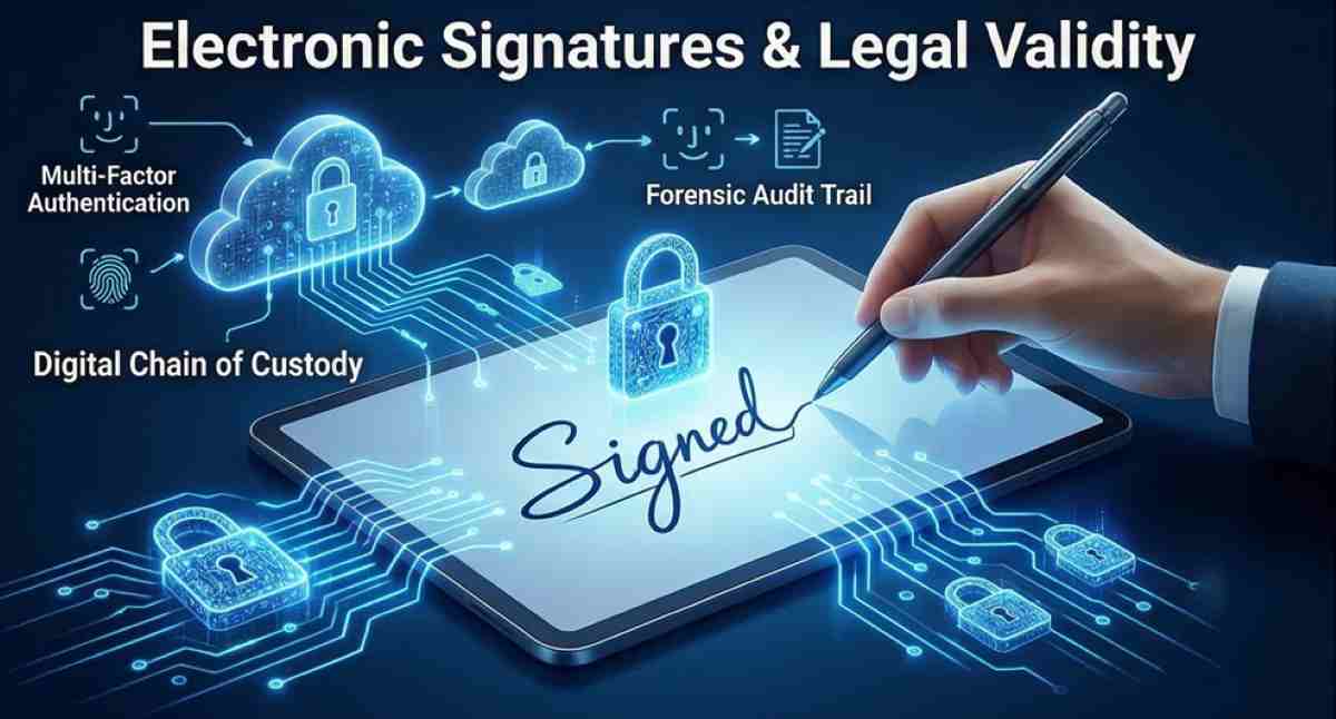A luminous tablet screen where a high-end stylus creates a signature that transforms into a glowing cryptographic lock, surrounded by icons for multi-factor authentication, audit trails, and data security. A luminous tablet screen where a high-end stylus creates a signature that transforms into a glowing cryptographic lock, surrounded by icons for multi-factor authentication, audit trails, and data security.