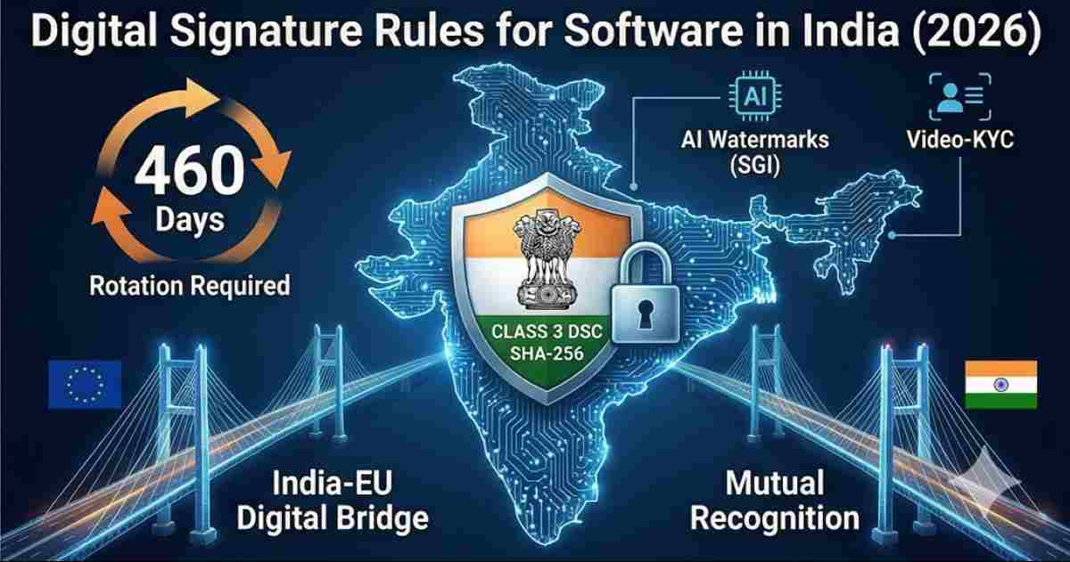 A digital map of India composed of intricate circuits and security locks, featuring a countdown timer for code signing certificate rotation and connecting bridges to the European Union for mutual recognition of advanced electronic signatures. A digital map of India composed of intricate circuits and security locks, featuring a countdown timer for code signing certificate rotation and connecting bridges to the European Union for mutual recognition of advanced electronic signatures.