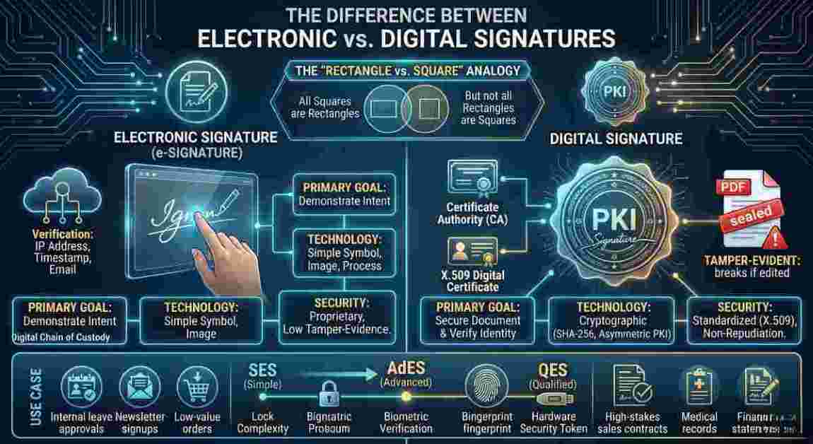 A comparative illustration split between a hand checking a basic consent form representing an electronic signature, and a complex glowing cryptographic seal utilizing SHA-256 and PKI technology representing a secure digital signature. A comparative illustration split between a hand checking a basic consent form representing an electronic signature, and a complex glowing cryptographic seal utilizing SHA-256 and PKI technology representing a secure digital signature.